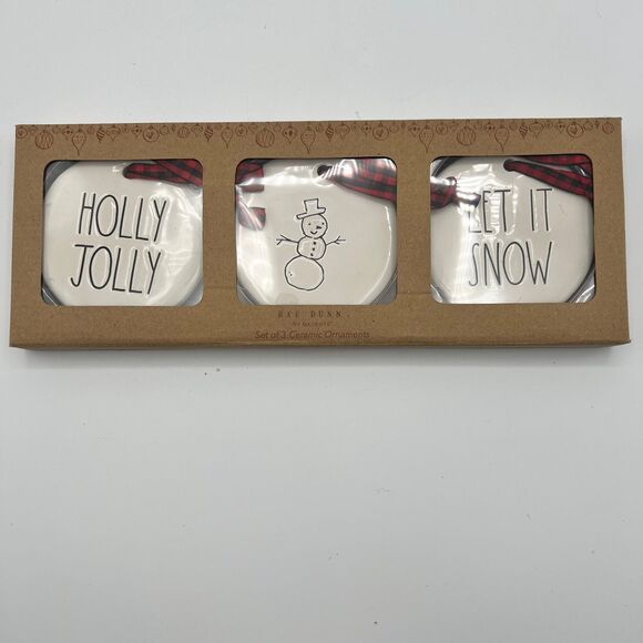 Rae Dunn Christmas Ornaments Set of 3 HOLLY JOLLY, SNOWMAN, LET IT SNOW - Picture 1 of 2